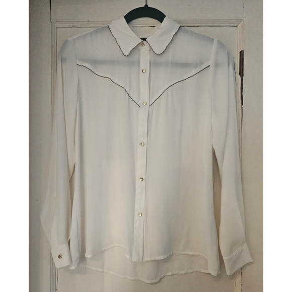 ZARA White Blouse Gold Trim details Button up Western Coastal XS NWT - Picture 2 of 10